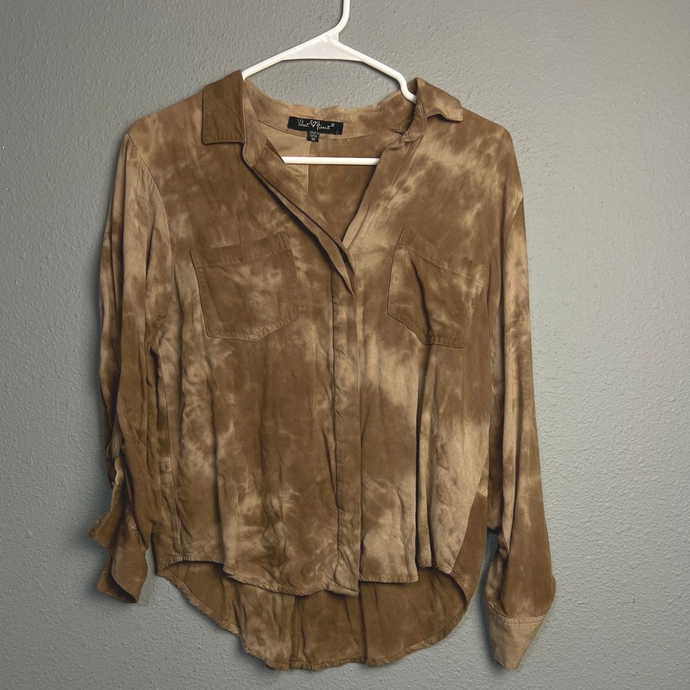 Velvet Heart Brown Retro Tie Dye Button Down Shirt Roll Tab Sleeve Rayon Medium